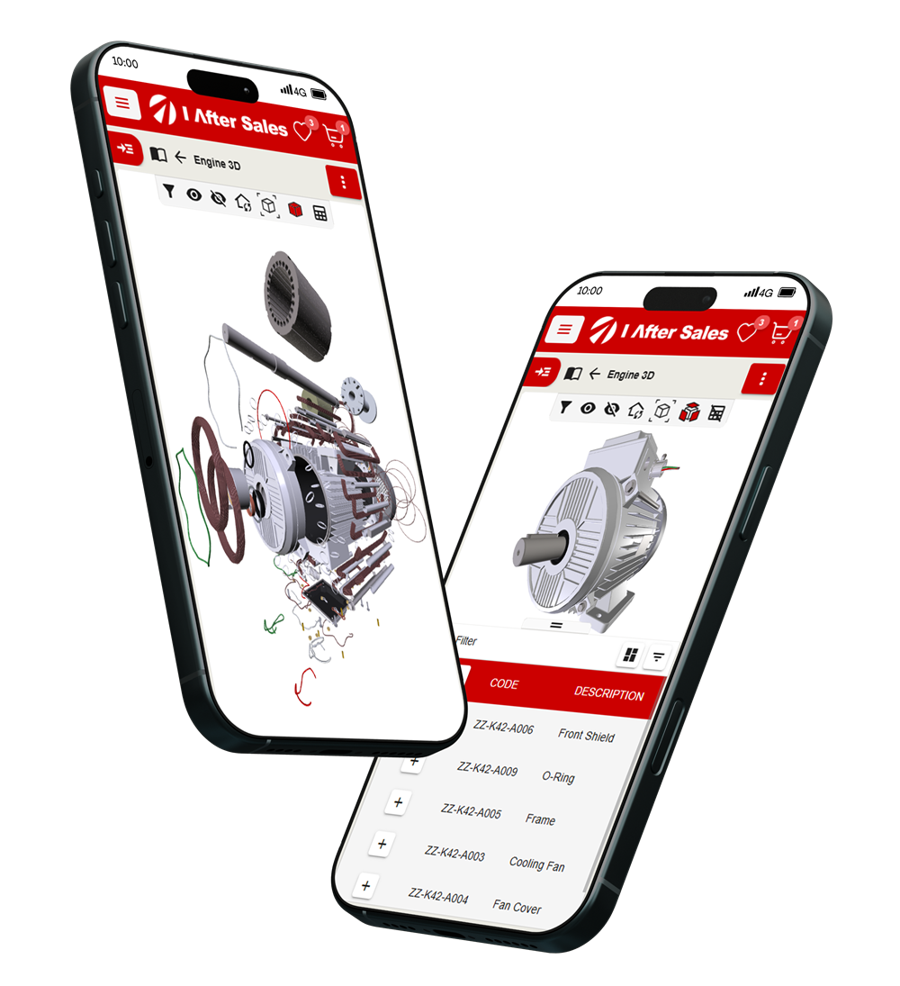 Smartphone screens showing a 3D exploded engine view and its parts list