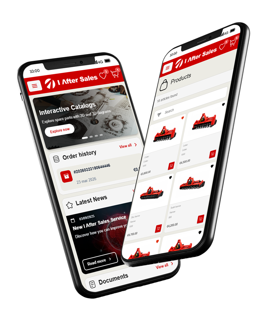 Smartphone screens showing the customer portal home with news, orders and product listing